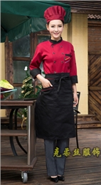 克柔丝订做饭店厨师制服男女 餐厅厨房工作服白色 厨师服长袖红 酒店厨师服长袖